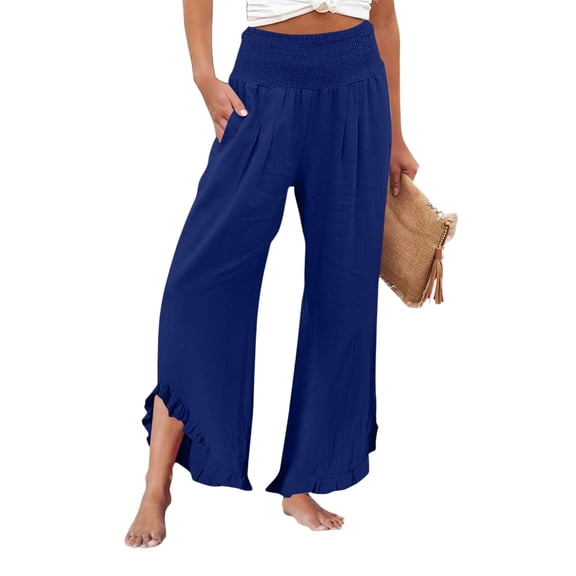 Women’s Wide Leg Pants High Waisted Flowy Fashion Spring Female Long Trouser Pants Ruffle Hem Design