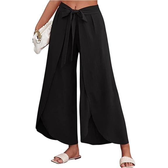 Women’s Wide Leg Pants High Waisted Lace Up Flowy Casual Summer Female Beach Vacation Long Trouser Pants
