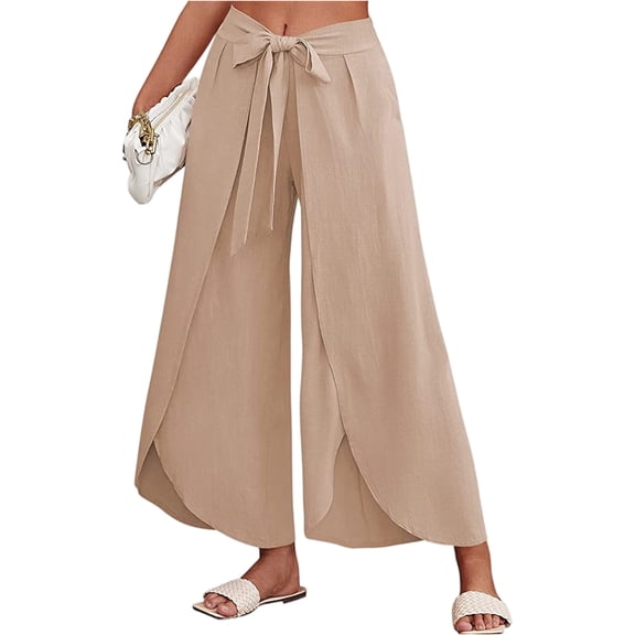 Women’s Wide Leg Pants High Waisted Lace Up Flowy Casual Summer Female Beach Vacation Long Trouser Pants
