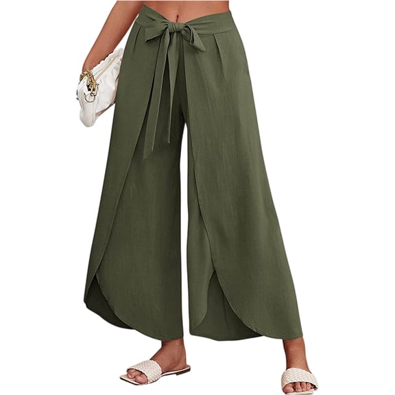 Women’s Wide Leg Pants High Waisted Lace Up Flowy Casual Summer Female Beach Vacation Long Trouser Pants