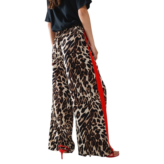 Women's Wide Leg Pants Leopard Print And Red Drawstring Wide Leg Pant Stretch Dress Casual Flowy Palazzo Pants Women