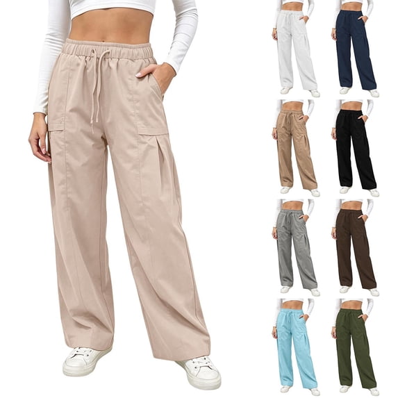 Women's Wide Leg Pants - Lightweight Pleated Casual Long Trousers - Loose Elastic Waist Drawstring Outdoor Running Pants with Pockets