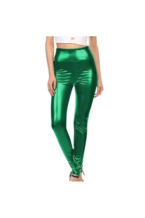 Women's Wide Leg Pants Metallic Leggings Shiny With Shiny Leggings In Wet Look For Party Dance Disco Costume With Pocket Casual High Waisted Straight Trousers Pants Green XL