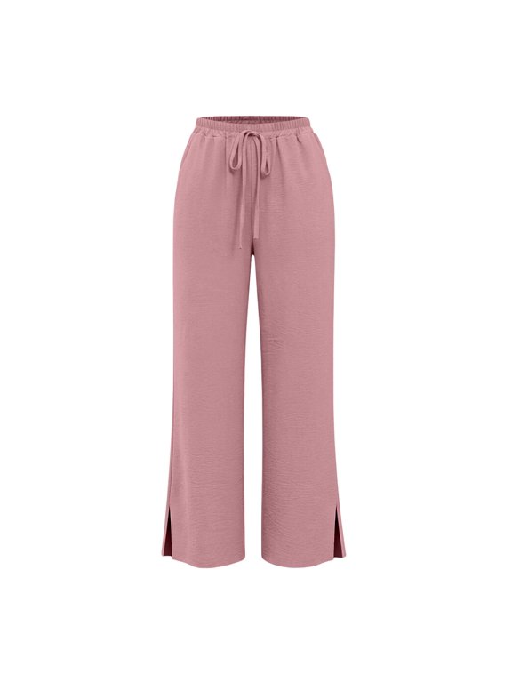 Women's Wide Leg Pants with Pockets Drawstring Loose Trousers Business Work Pants High Waisted Straight Pant Summer Beach Vacation Clothes Split Hem Lounge Pants Pink 2Xl