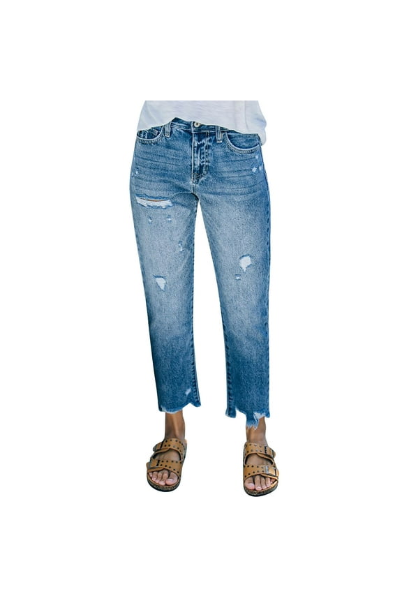 Women's Wide Leg Pants Ripped Light Blue Casual Cropped Straight Wash Jeans Blue