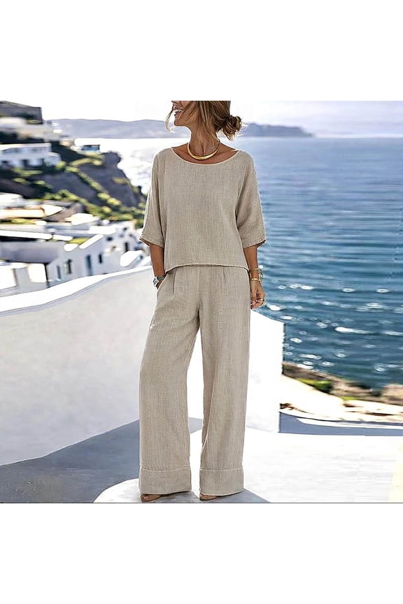 Women's Wide Leg Pants Set, High Waisted Casual Two-Piece Outfit, Stretchy Comfortable, Lounge Travel, Summer | TOPLIU,Beige L