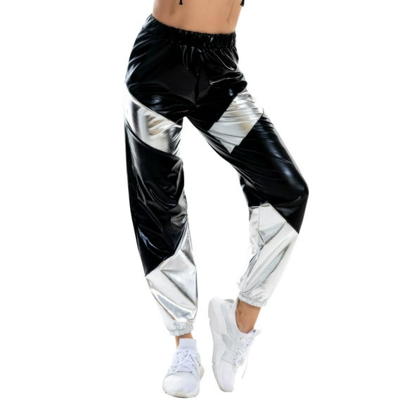 Women's Wide Leg Pants Shiny Wet Look Metallic Cargo Dance Leather Joggers Casual High Waisted Straight Trousers Pants Black L