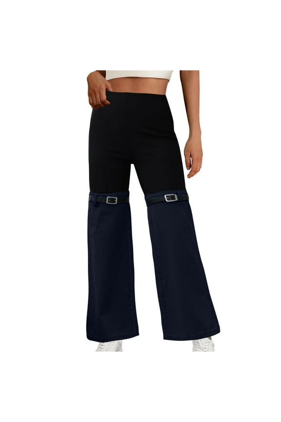 Women's Wide Leg Pants Slim Knitted Denim Patchwork Elastic Waist Wide Leg Casual Pants Temperament Pants Black