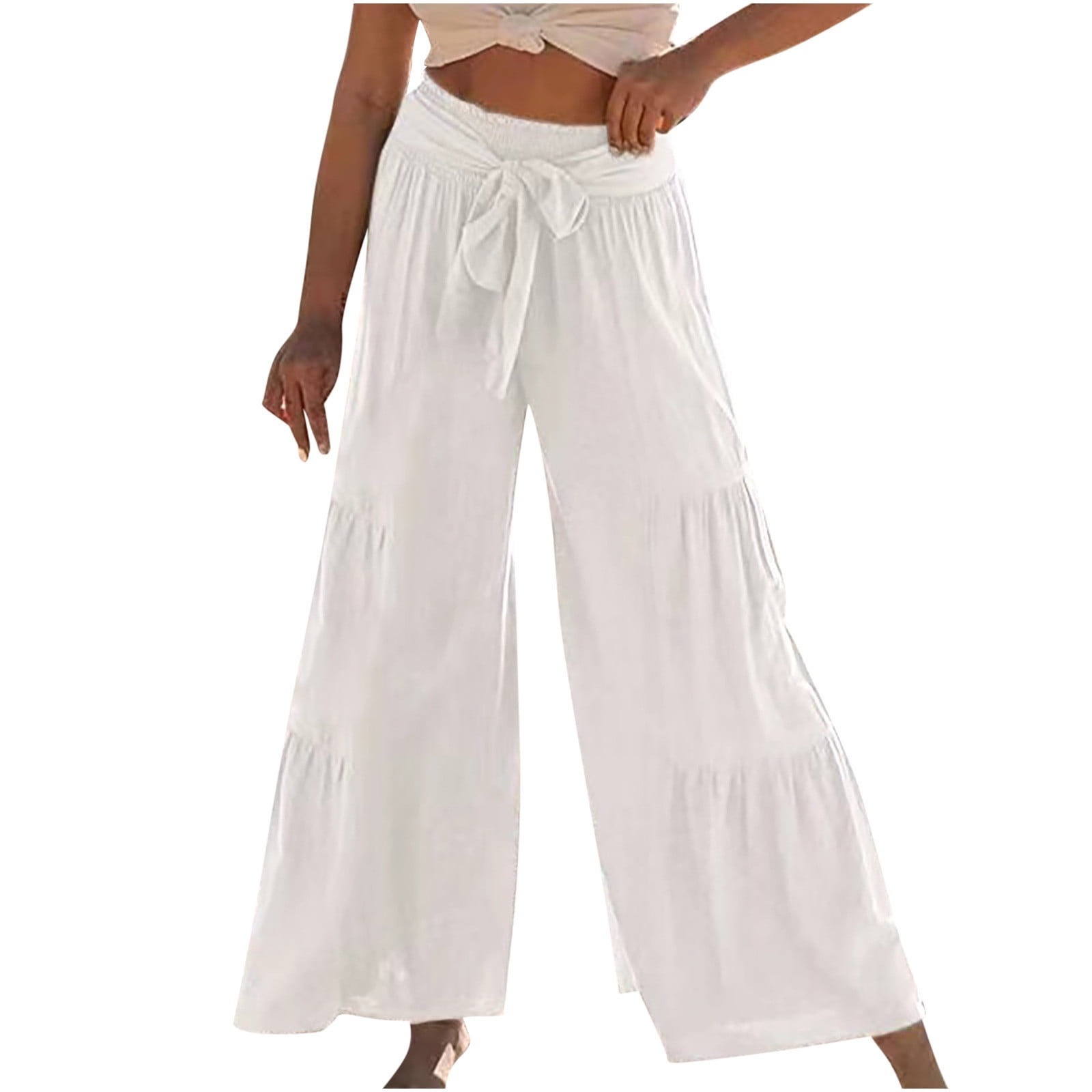Women's Wide Leg Pants Solid Belted High Waist Cotton Linen