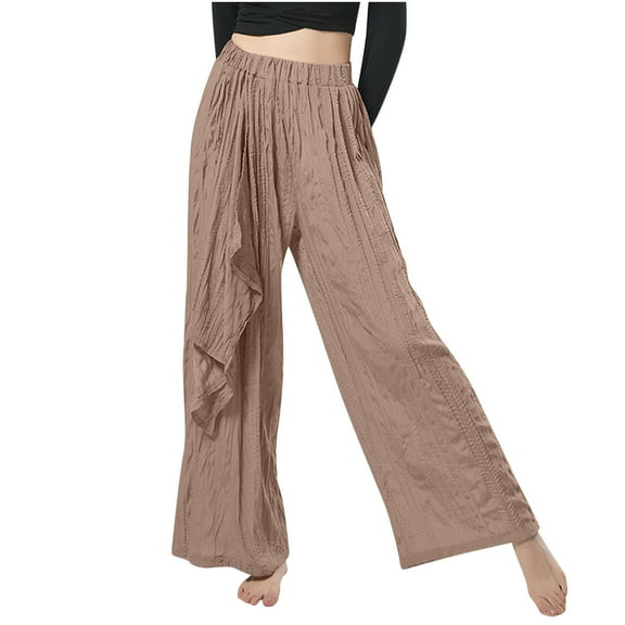 ZQUUVOU Women's Wide Leg Pants Solid Color Casual Pleated Ribbon Straight Leg Wide Leg Pants Loose Leg Pants Leggings Yoga Khaki