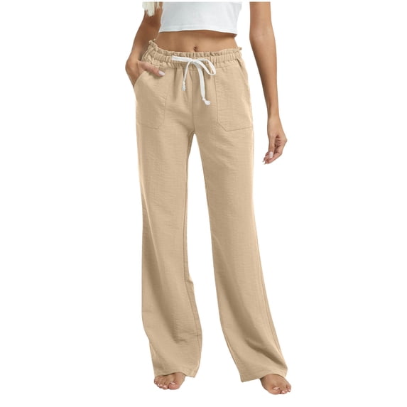 Women's Wide Leg Pants Solid Color Cotton Linen Stretch Waist Strap Drawstring Pocket Pants Long Pants