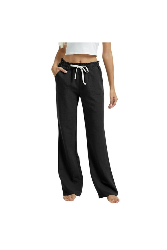 Women's Wide Leg Pants Solid Color Cotton Linen Stretch Waist Strap Drawstring Pocket Pants Long Pants