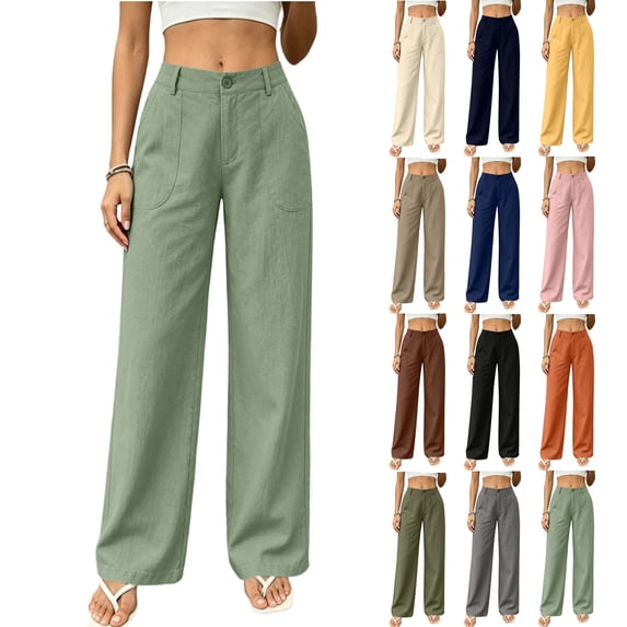 Women's Wide Leg Pants Solid Color High Waist Palazzo Trousers with Pockets Loose Fit Wrinkle Free Pants