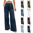 thumbnail image 1 of Women's Wide Leg Pants Stretchy Loose Fit Palazzo Pants Fashion Pleated Front High Waisted Faux Jeans Slacks Blue Pant,Size S-3XL, 1 of 10