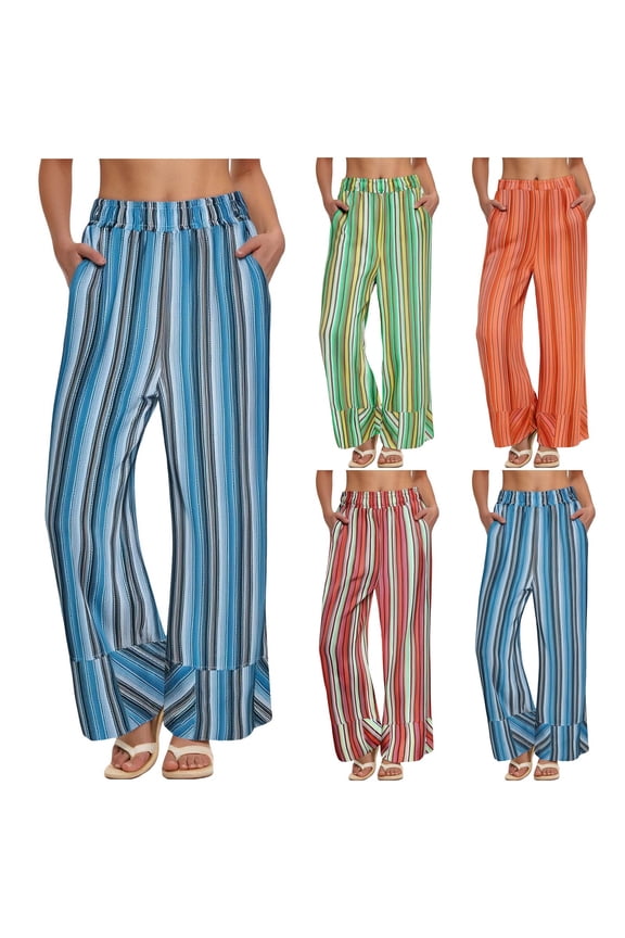 Women's Wide Leg Pants, Striped Casual Hanging Loose Trousers, Commuting Bottoms, Comfortable Flowy Lightweight, Work Office Travel Outfits, Lounge Essentials | HAODEJW,Blue L