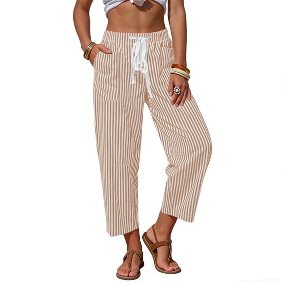 Women's Wide Leg Pants Striped Stretch Waistband with Drawstring Pockets For Shorter Women/Regular/Tall