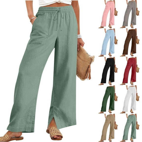 Women's Wide Leg Pants Summer And Linen Solid Loose Straight Pants With Pockets Side Slit Buttons Pants