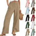 thumbnail image 1 of Women's Wide Leg Pants Summer And Linen Solid Loose Straight Pants With Pockets Side Slit Buttons Pants, 1 of 10