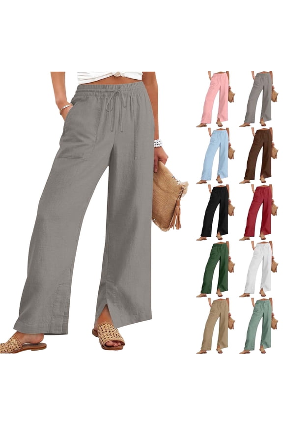 Women's Wide Leg Pants Summer And Linen Solid Loose Straight Pants With Pockets Side Slit Buttons Pants