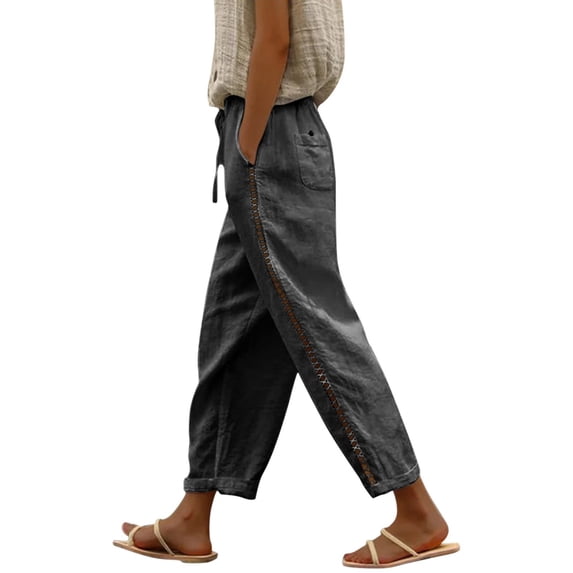 Women's Wide Leg Pants Summer Casual Linen Elastic Waist Loose Straight Leg Capri Beach With Pockets Stretch Dress Casual Flowy Palazzo Pants Women