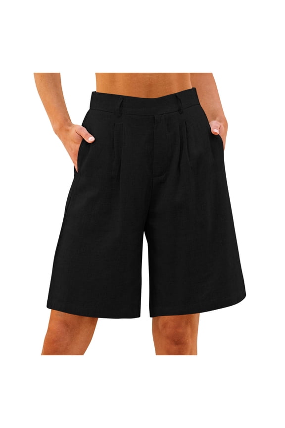 Women's Wide Leg Pants Summer Cotton Linen Solid Color Loose Straight Leg Pants With Pockets Side Slit Buttons Pants Black