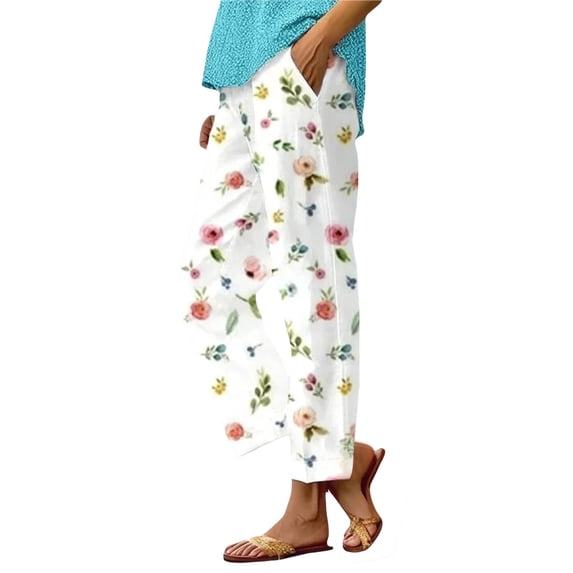 Women's Wide Leg Pants Summer Elastic Waist Crop Plus Size Straight Leg Slack Casual Trouser With Pocket Stretch Dress Casual Flowy Palazzo Pants Women