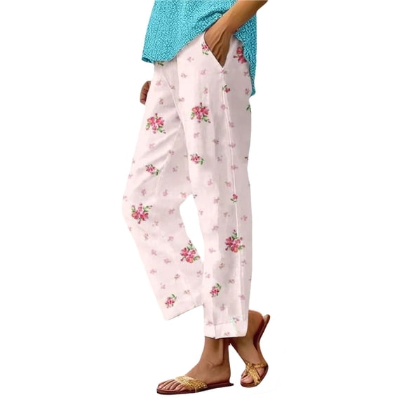 Women's Wide Leg Pants Summer Elastic Waist Crop Plus Size Straight Leg Slack Casual Trouser With Pocket Stretch Dress Casual Flowy Palazzo Pants Women