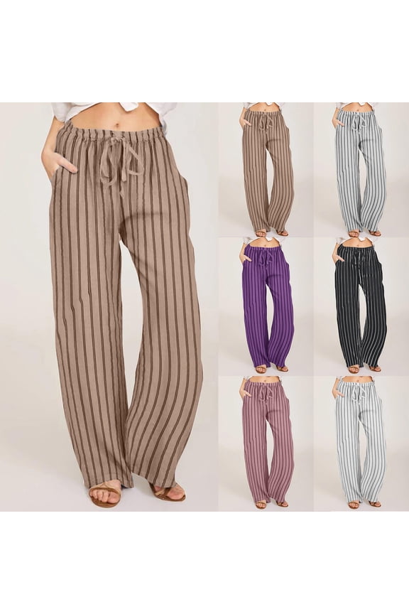 Women's Wide Leg Pants Trousers Slacks with Drawstring Waist and Pockets, Stripe Print Casual Stretchy Flowy Bottoms for Business Office Work Commuting Lounge Wear Travel Essentials