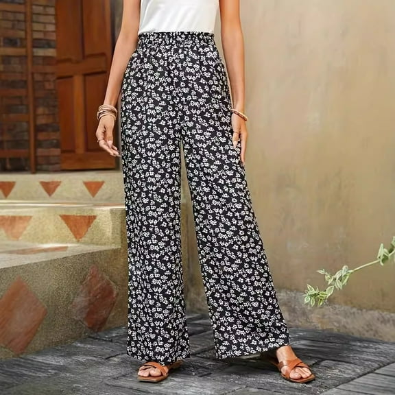 Women's Wide Leg Pants Trousers Vacation Fashion Full Length Mid Waist Flower / Floral Elastic Waist Breathable Comfortable Micro-elastic Street Daily Wear