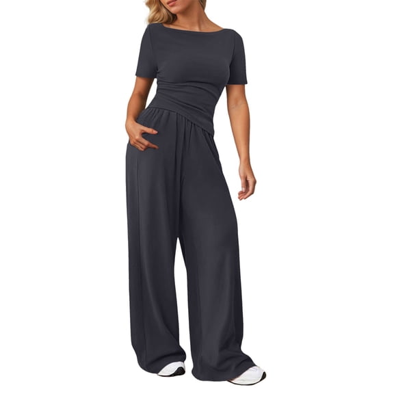 Women's Wide Leg Pants Two Piece Suit - Elastic Waist, Drawcord, Printed Design, Lightweight Linen Blend, Tops & Bottoms Set, Sizes S-XXL