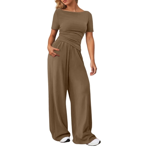 Women's Wide Leg Pants Two Piece Suit - Elastic Waist, Drawcord, Printed Design, Lightweight Linen Blend, Tops & Bottoms Set, Sizes S-XXL