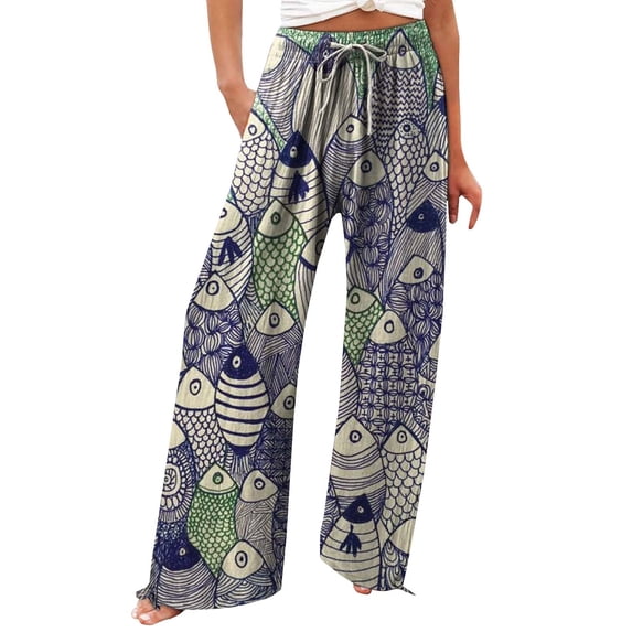 Women's Wide Leg Pants Vintage Art Print Cotton And Linen Casual Casual Wide Leg Trousers With Pockets Stretch Dress Casual Flowy Palazzo Pants Women