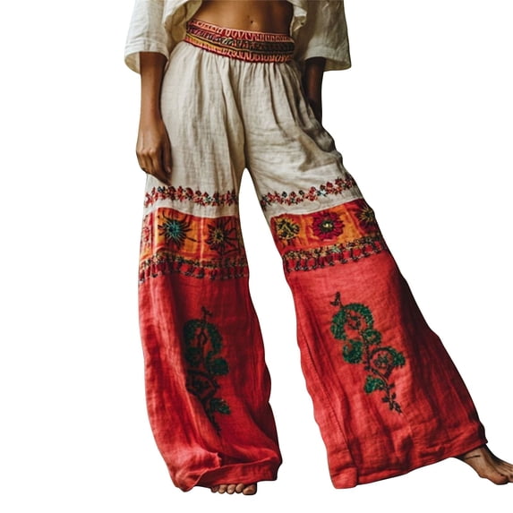 Women's Wide Leg Pants Vintage Floral Art Printed Cotton Linen Wide Leg Stretch Dress Casual Flowy Palazzo Pants Women