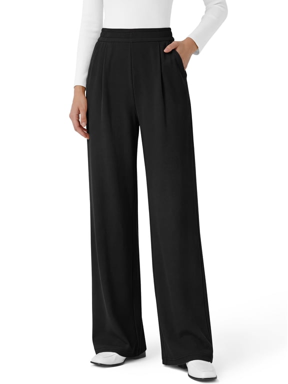 Women's Wide Leg Pants Waffle Knit Stretchy Dress Pants Baggy High Waisted Trousers