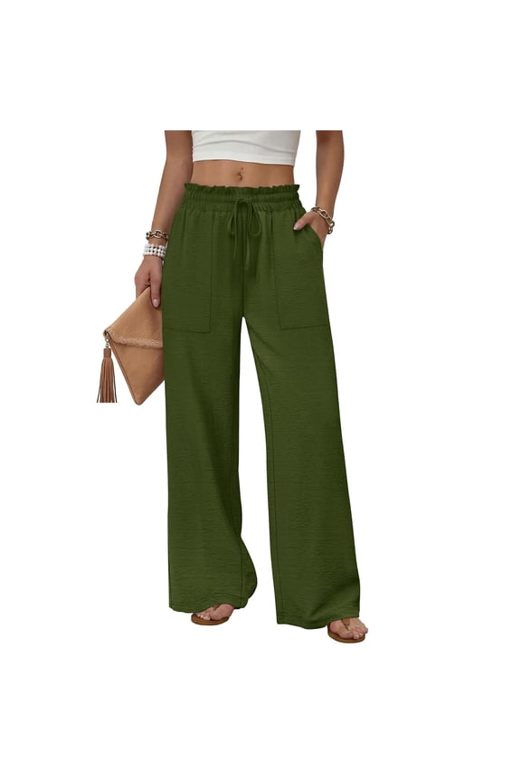 Women's Wide Leg Pants with Deep Pockets Ruffle Elastic High Waist Drawstring Loose Trousers Business Work Pants Summer Beach Vacation Clothes 2XL