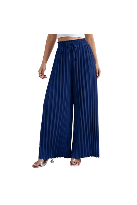 Women's Wide Leg Pleated Palazzo Pants, Chic Ruffle High Waisted Loose Business Casual Trousers with Pockets