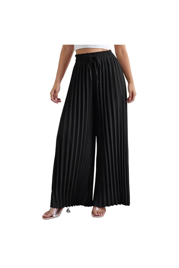 Women's Wide Leg Pleated Palazzo Pants, Chic Ruffle High Waisted Loose Business Casual Trousers with Pockets
