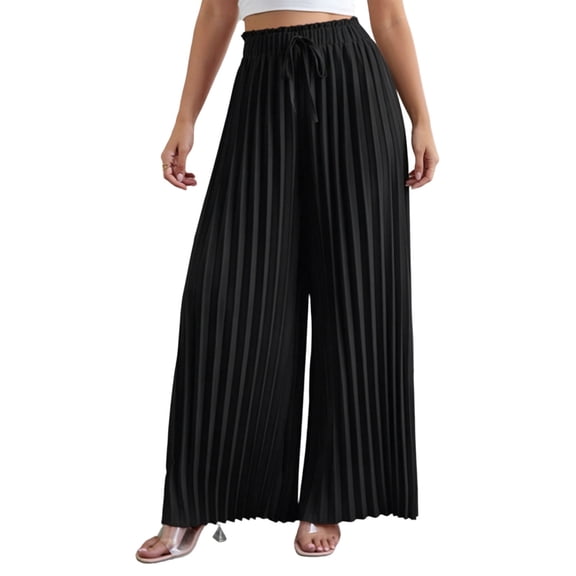 Women's Wide Leg Pleated Palazzo Pants, Chic Ruffle High Waisted Loose Business Casual Trousers with Pockets