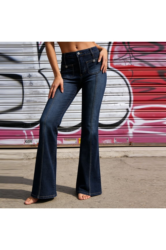 Women's Wide Leg Pull on Jeans Stretchy Baggy Trendy Casual Straight Denim Pants with Pockets Blue L