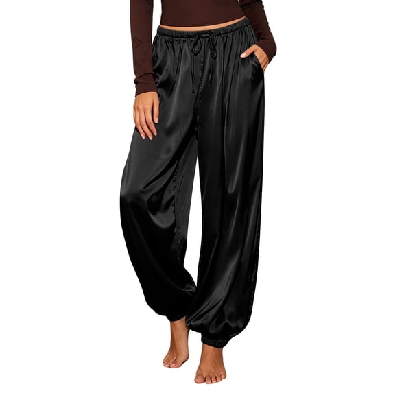 Women's Wide Leg Satin Pants Pleated Joggers Elegant Lantern Pants Black XXXL(XXXL)