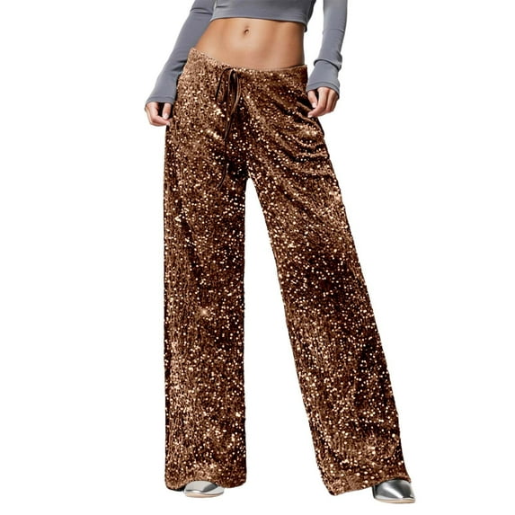 Women's Wide Leg Sequin Drawstring Pants Color Coffee Size M