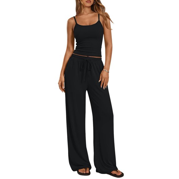 Women's Wide Leg Set Camisole 2 Piece Pants Outfit Top for Spring Lounge Black M
