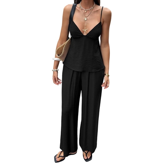 Women's Wide Leg Sets Deep Neck Camisole Tank Tops Matching 2 Piece Set Pants Outfit Top Black S