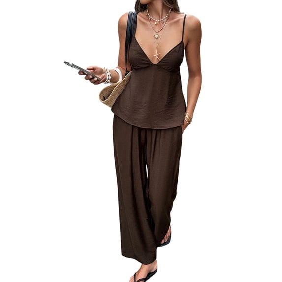 Women's Wide Leg Sets Deep Neck Camisole Tank Tops Matching 2 Piece Set Pants Outfit Top Dark Brown S