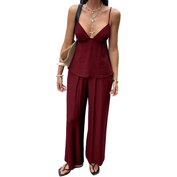 Women's Wide Leg Sets Deep Neck Camisole Tank Tops Matching 2 Piece Set Pants Outfit Top Wine Red S