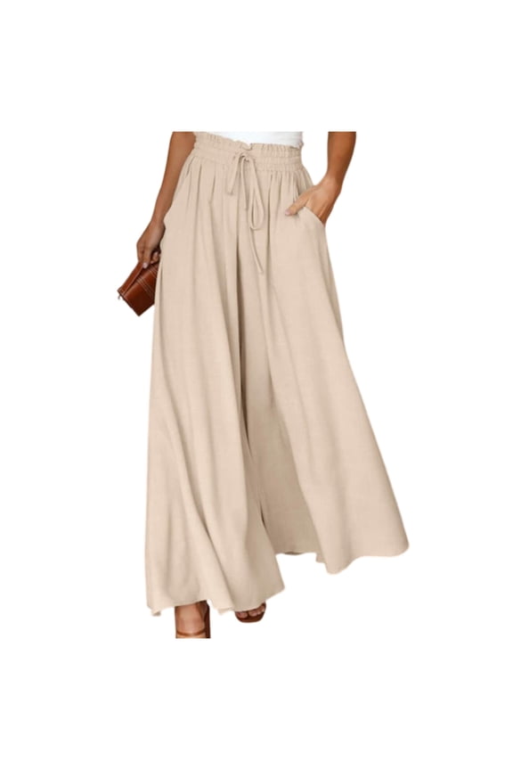 Women's Wide Leg Skirt Pants, High Waist Elastic Band, Casual Long Palazzo Trousers, Comfortable Fashion Bottoms for Women, Perfect for Office,Beige,S