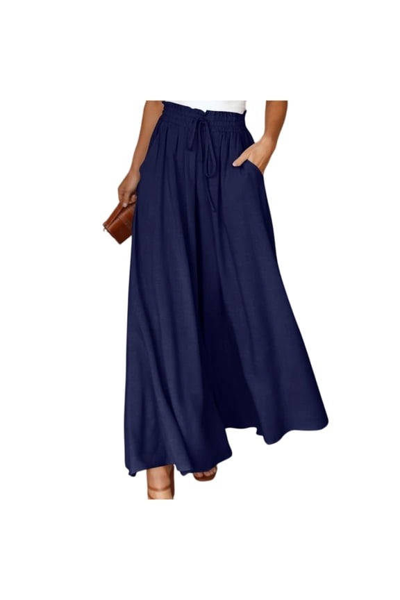 Women's Wide Leg Skirt Pants, High Waist Elastic Band, Casual Long Palazzo Trousers, Fashion Lounge Pants for Women, Comfortable and Stylish,Navy,S