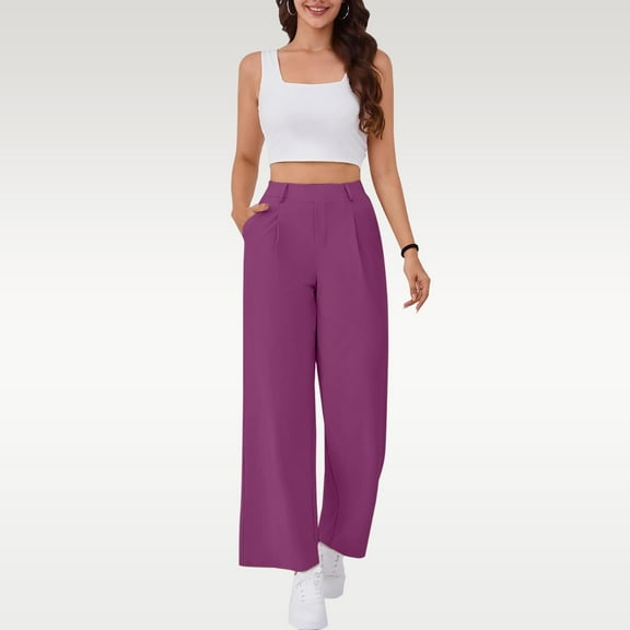 Women's Wide Leg Stretchy Work Pants, High Waisted Pull On Elastic Waist Slacks with Side Pockets, Office Casual Trousers for Professional Wear, Business Casual and Daily Comfort Purple M