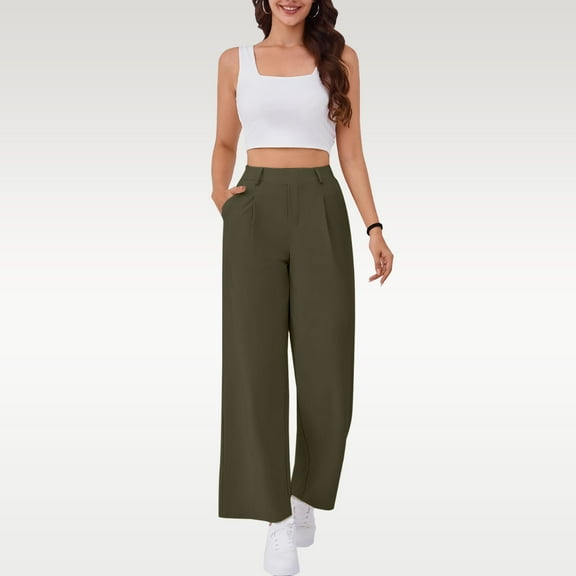 Women's Wide Leg Stretchy Work Pants, High Waisted Pull On Elastic Waist Slacks with Side Pockets, Office Casual Trousers for Professional Wear, Business Casual and Daily Comfort Green XS