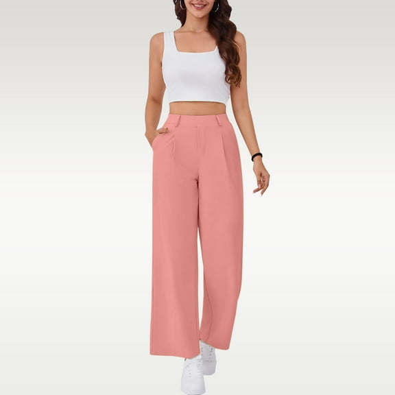 Women's Wide Leg Stretchy Work Pants, High Waisted Pull On Elastic Waist Slacks with Side Pockets, Office Casual Trousers for Professional Wear, Business Casual and Daily Comfort Pink XS